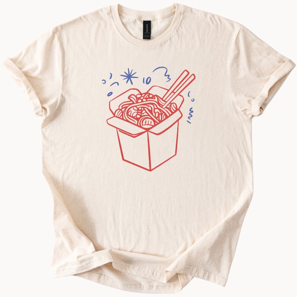 Noodle Takeout Box Graphic Tee Fun Asian Food Shirt Ramen Doodle Top Gift